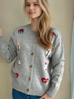 Gray acrylic button-up cardigan with embroidered houses, trees, and hearts.