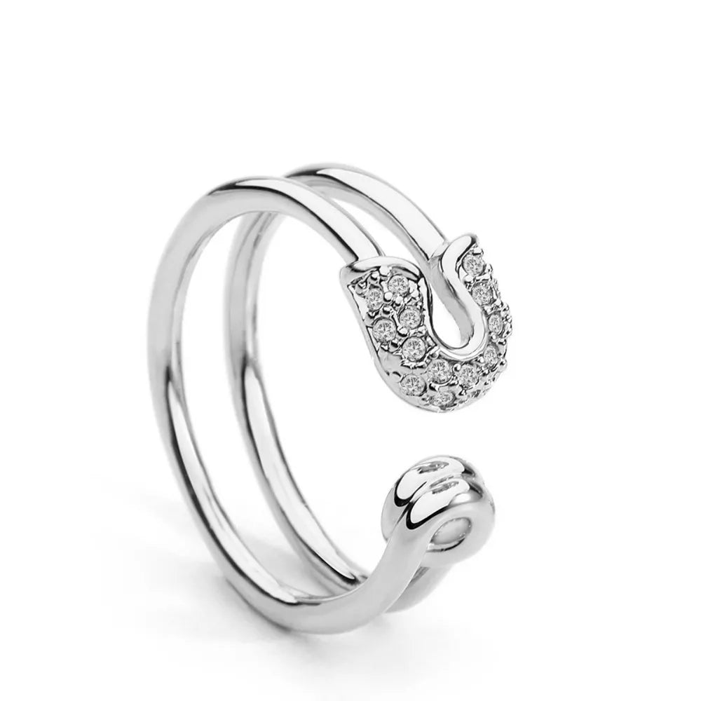 Silver double band ring with zircon-embellished safety pin detail