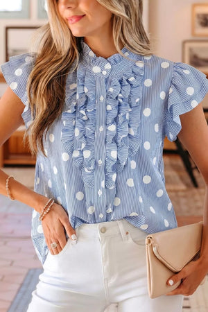 Blue and white striped polka dot ruffled shirt with button-down front and flutter sleeves.