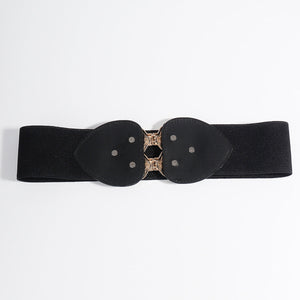 Black elasticated waist cincher belt with leaf motif detail and decorative buckle.