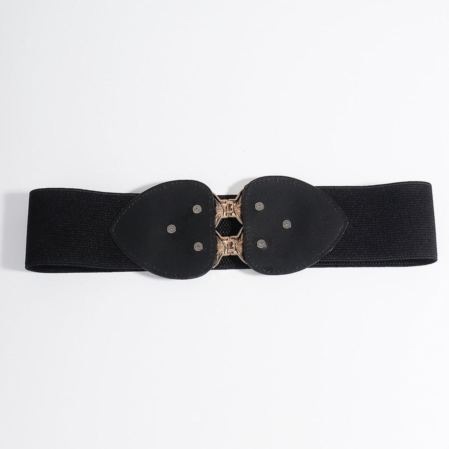 Black elasticated waist cincher belt with leaf motif detail and decorative buckle.