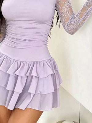 Lace Sleeve Ruffle Layered Mini Dress in Pink