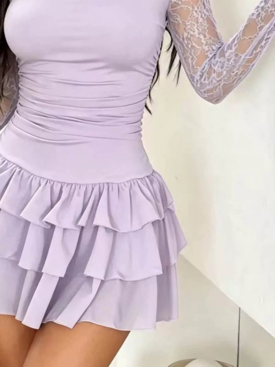 Lace Sleeve Ruffle Layered Mini Dress in Pink