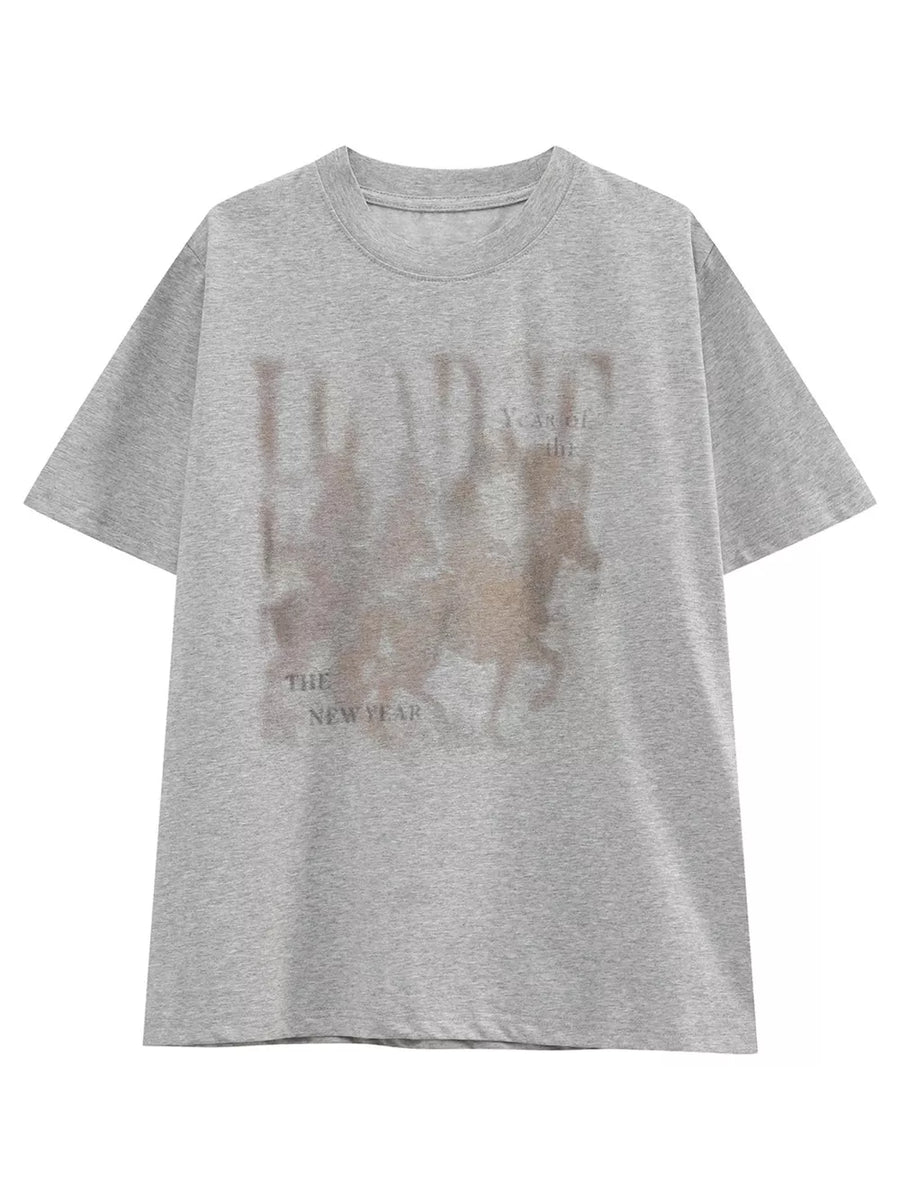 Grey cotton blend t-shirt with vintage graphic print and text.