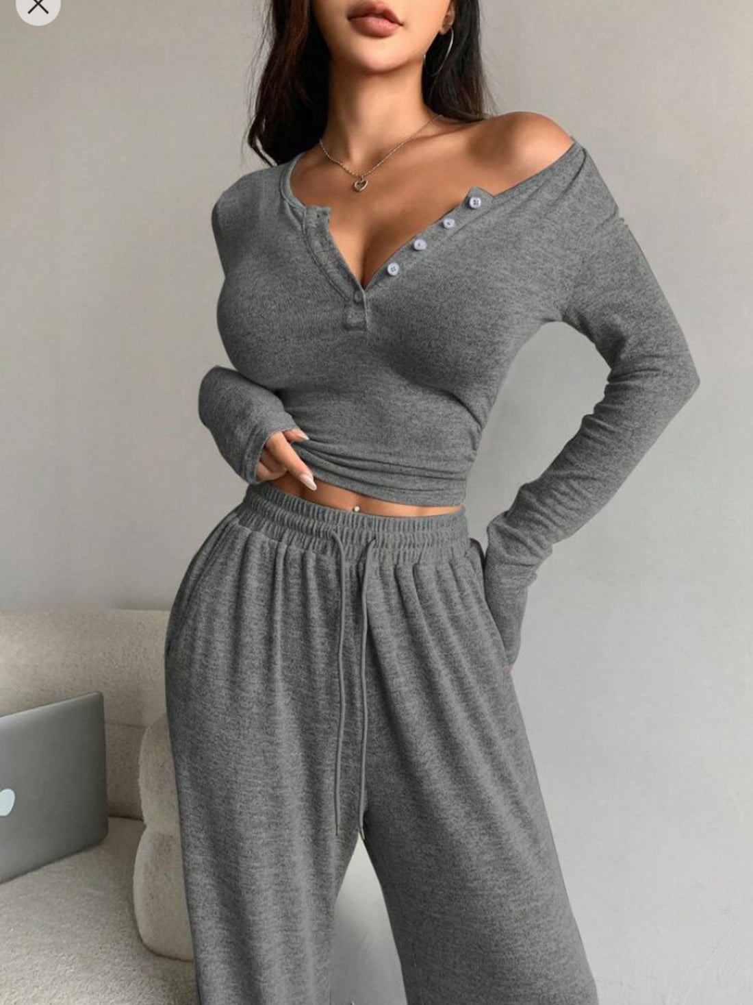 modern two-piece set in Gray with henley