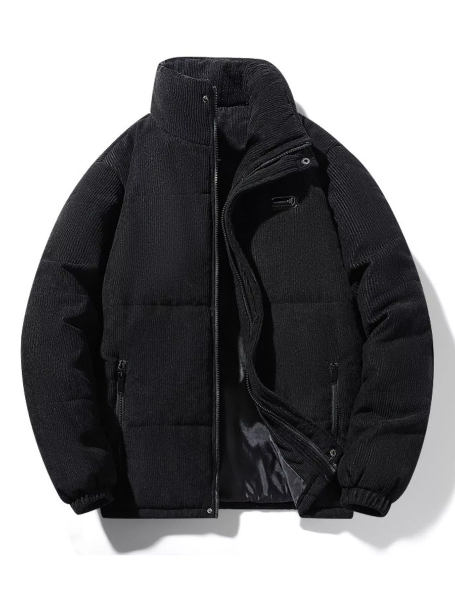 Black corduroy puffer jacket with high collar and zip closure.