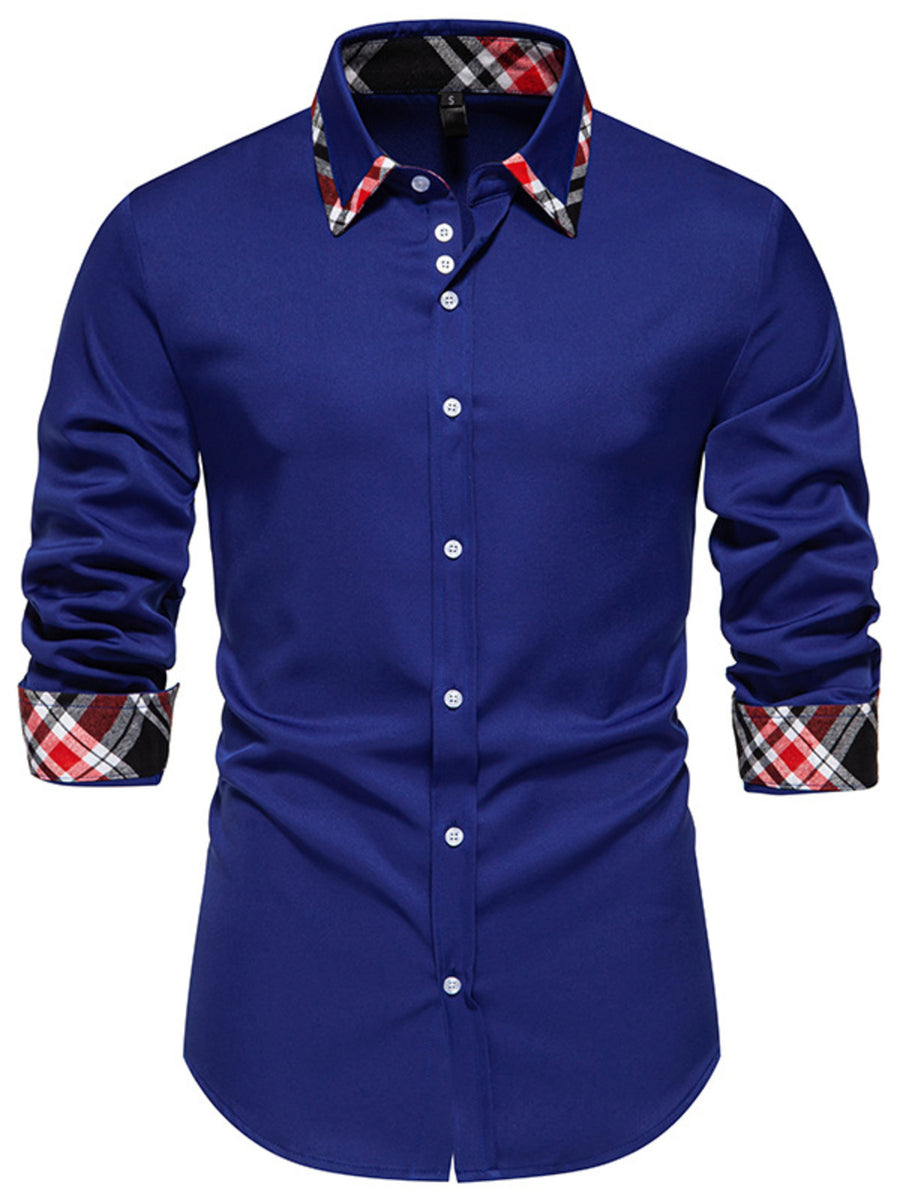 Men's blue cotton slim fit shirt with plaid collar and cuffs