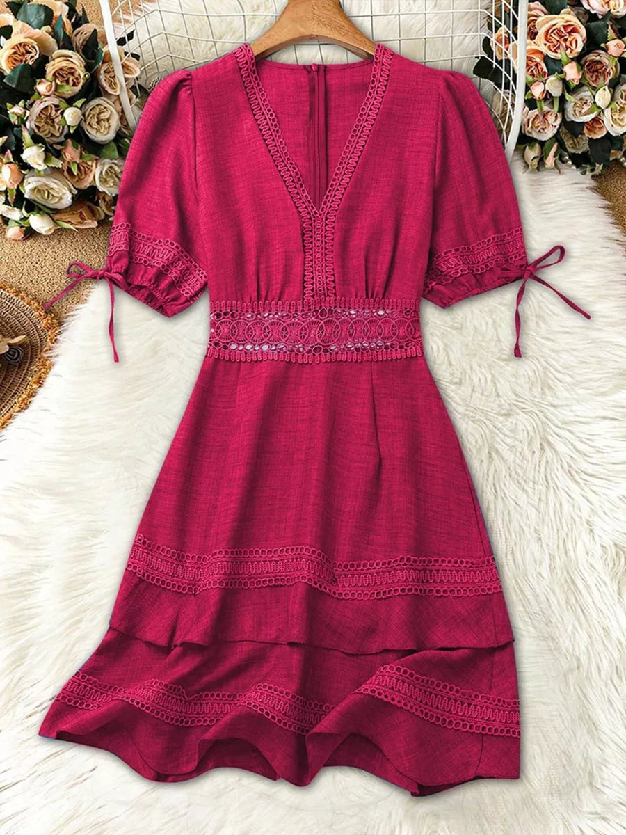 Rose red lace-embellished V-neck mini dress with tie sleeves and tiered hem.