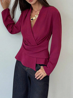 classic wrap top in burgundy with v-neck