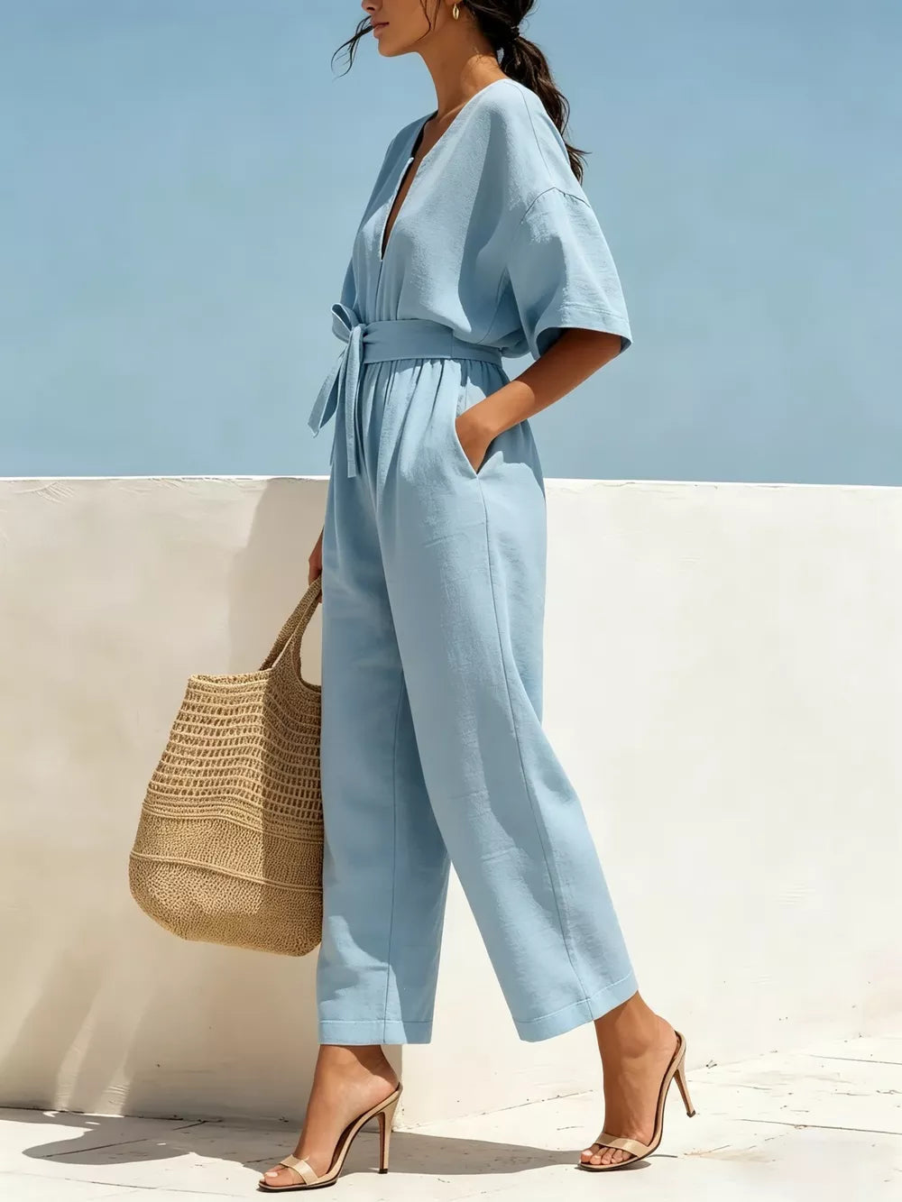 Sky Blue Tie Waist Wide Leg Jumpsuit