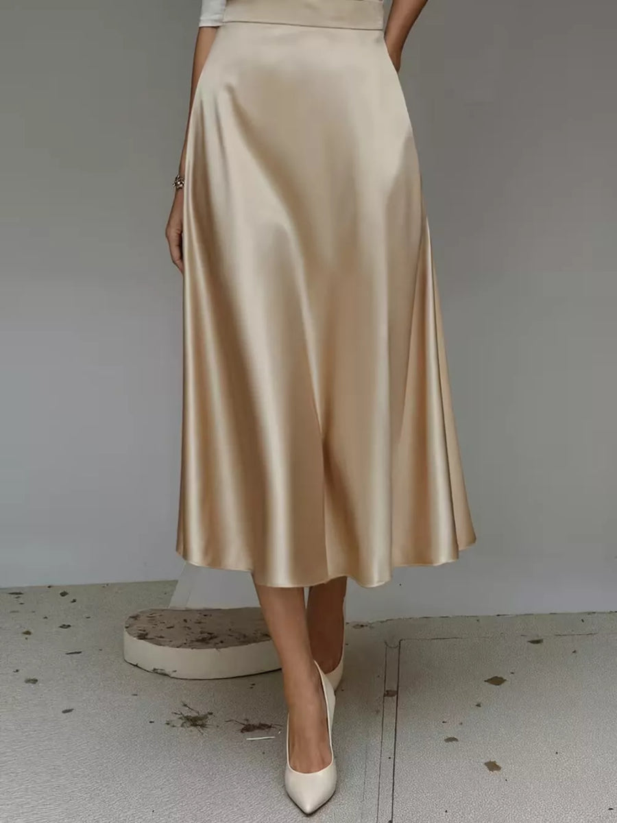 Khaki A-line satin midi skirt with pockets, flowing and elegant.