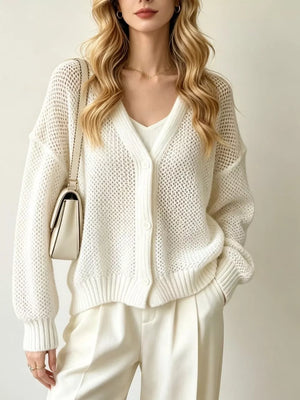 cream cardigan with open-knit and v-neck