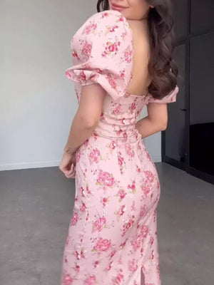 blush pink midi dress with stretch and puff sleeve