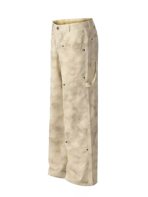 Men's beige distressed wide-leg sweatpants with multiple pockets and a relaxed fit.