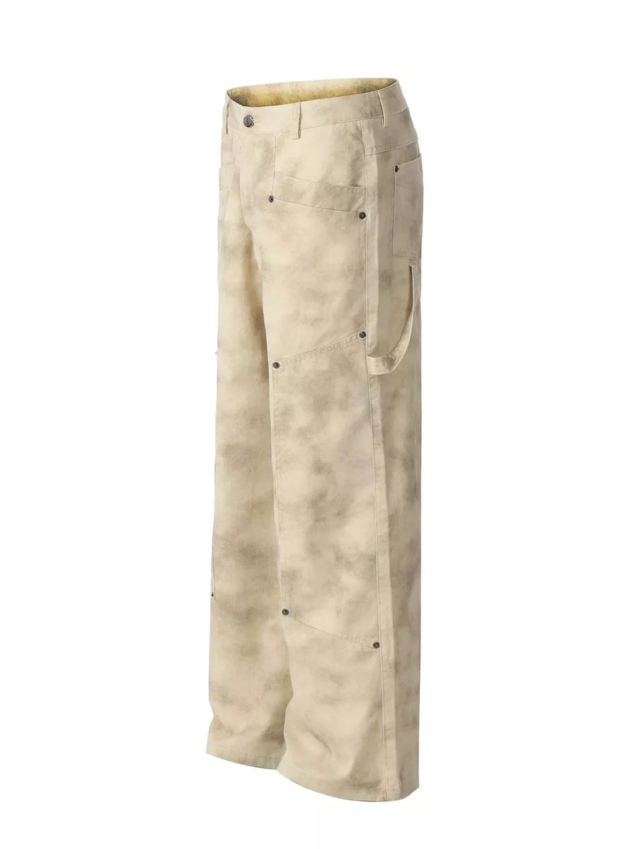 Men's beige distressed wide-leg sweatpants with multiple pockets and a relaxed fit.