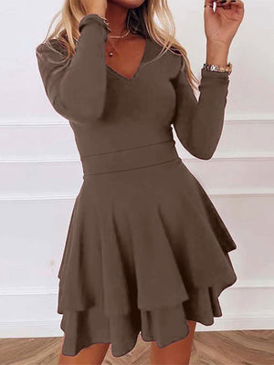 V-Neck Mini Long-Sleeve Dress in Black with tiered