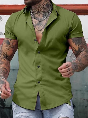 Men's green slim fit short sleeve button-down shirt with open collar