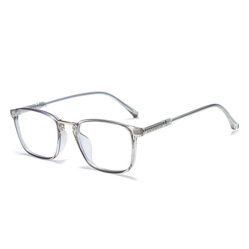 Clear acetate anti-light glasses with silver temples and textured detail.