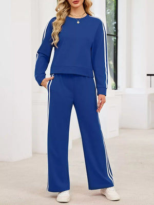 Striped Round Neck Sweatshirt And Pants Set in Black, view 17