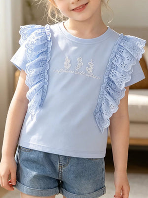 Light blue cotton ruffled eyelet t-shirt, round neck, pullover.