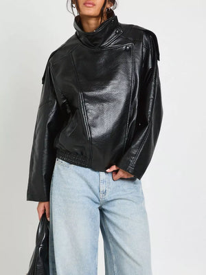 Black with Faux Leather Moto Jacket With Asymmetrical Zip