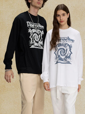 Dreamers Paradise oversized graphic tee in white with bold blue print, crewneck, long sleeves.