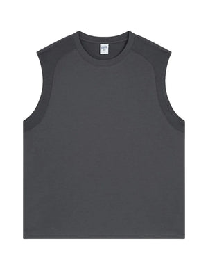 Sleeveless dark gray tank top with shoulder seam detail