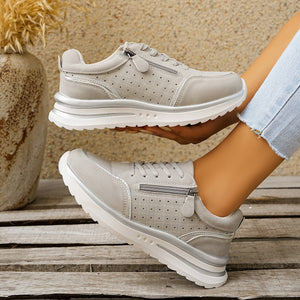 Fabric Chunky-Sole Round Toe Lace Up Sneakers in cream with round toe