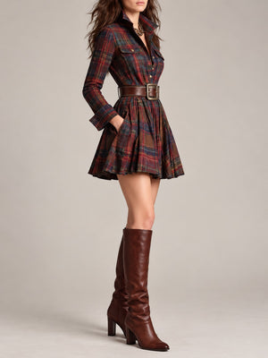 burgundy shirt dress featuring pocketed and plaid