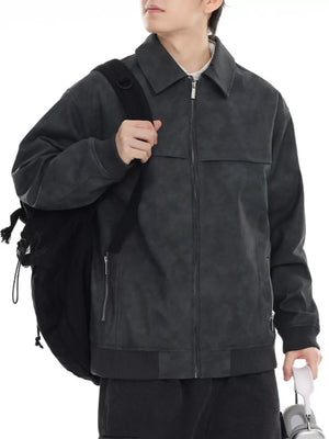 Gray drop shoulder bomber jacket with zip front and zippered pockets.