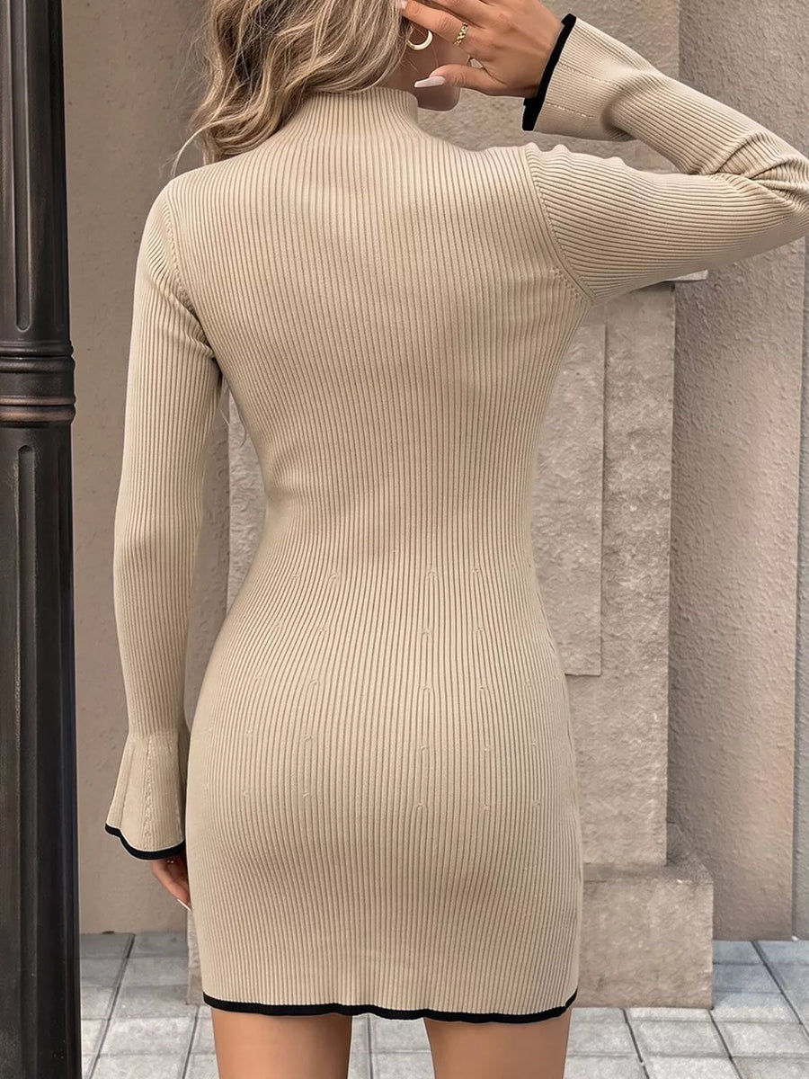 Ribbed Mock Neck Flare Sleeve Sweater Dress option 6