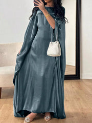 Deep teal kimono sleeve maxi dress with flowy silhouette and high neckline.