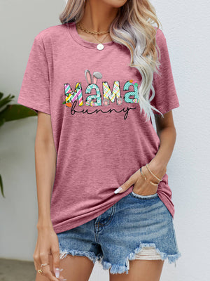 Mama Bunny graphic tee in Dusty Pink with colorful patterned lettering and bunny ears.