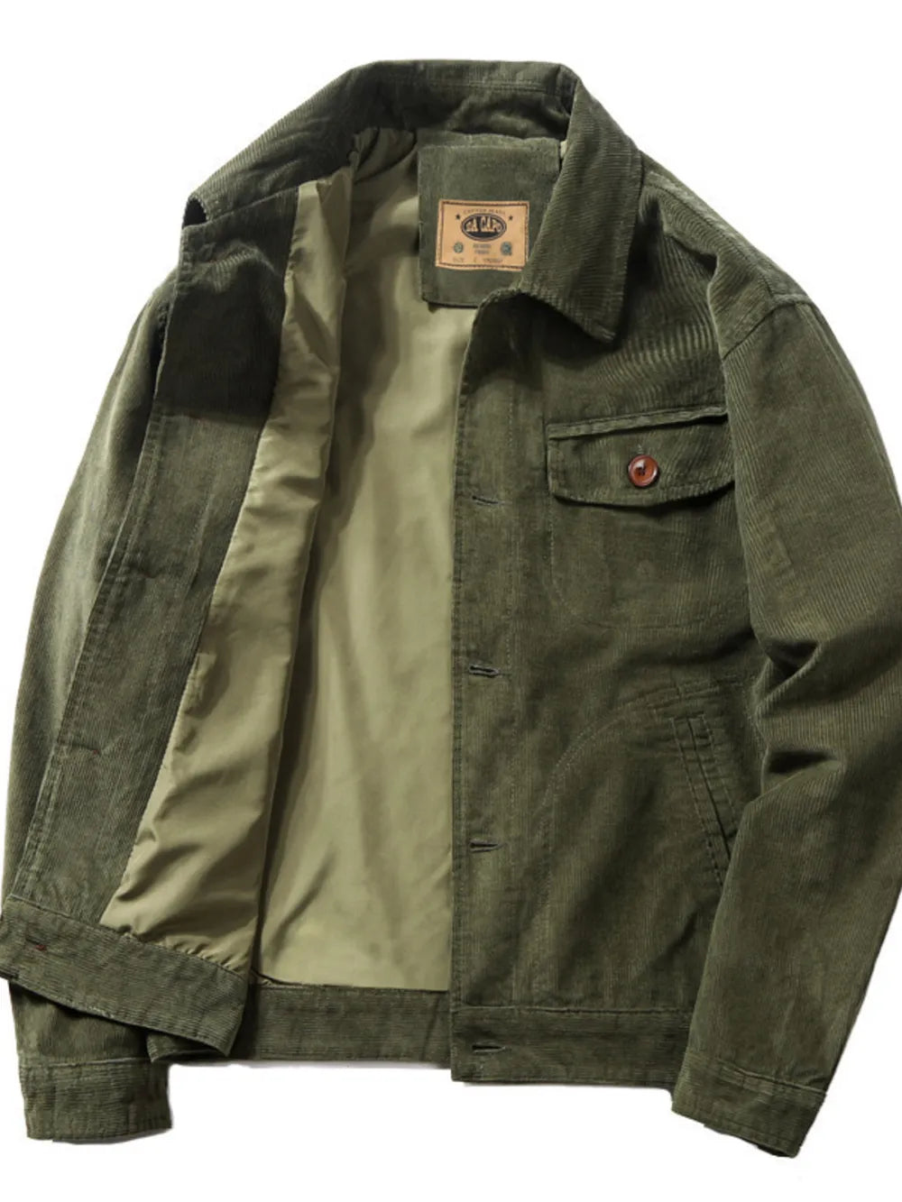 Army green corduroy jacket for men with button-down front and chest pocket.
