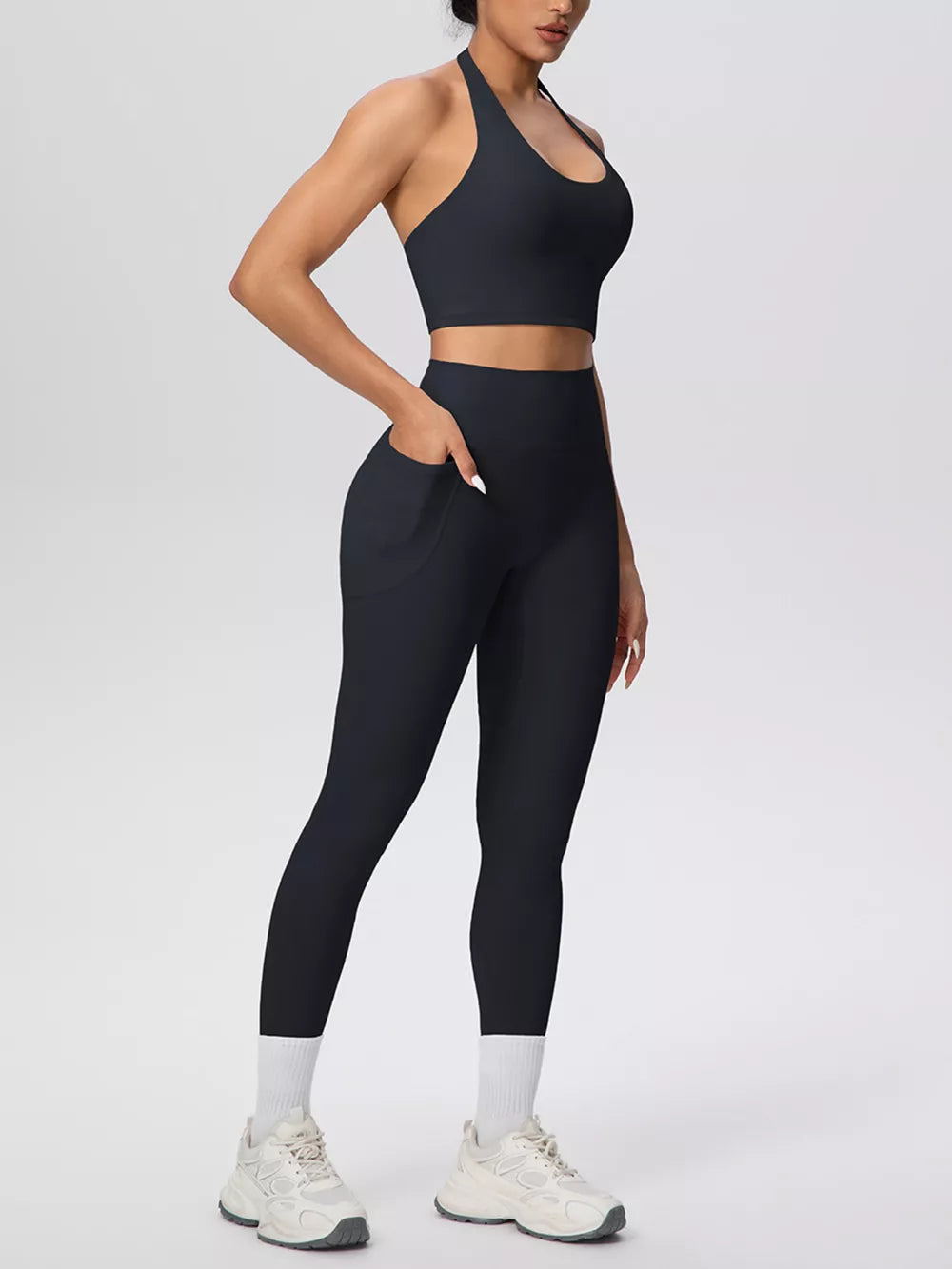 Halter Neck Crop Top And High-waisted Leggings Set in Burgundy with pocketed