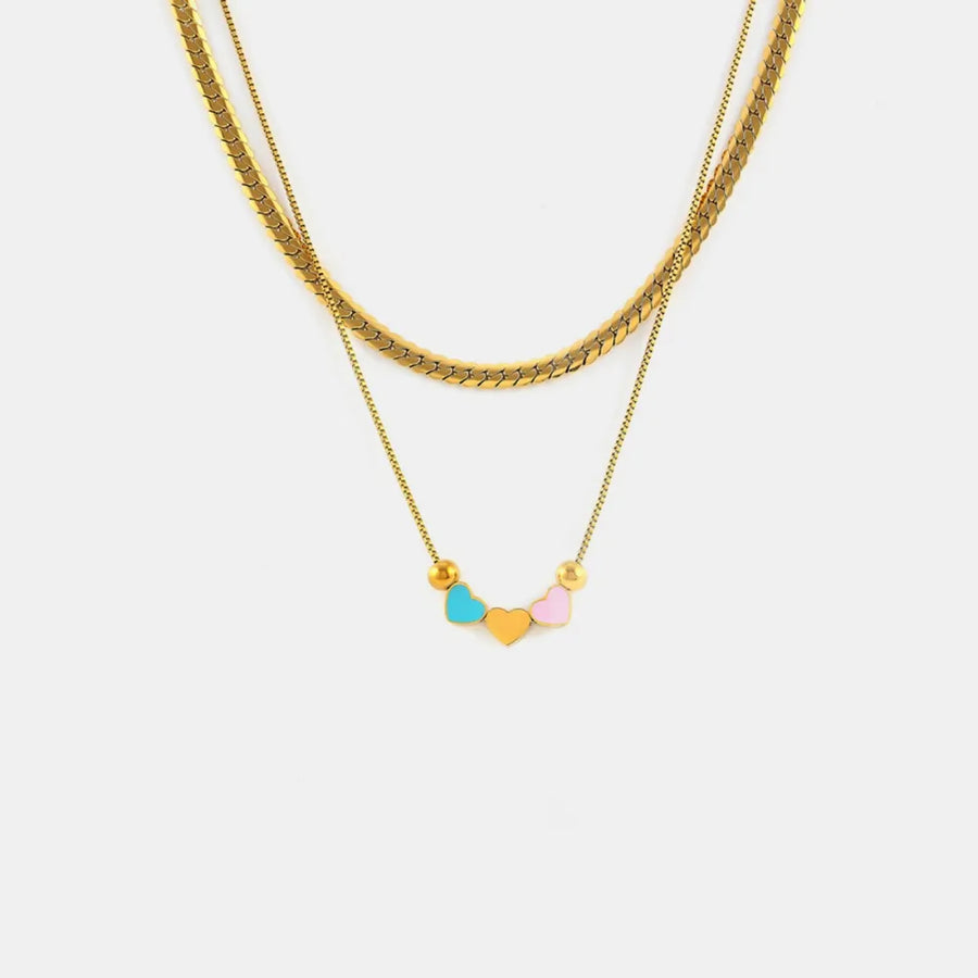 Gold double layered necklace with colorful heart charms and beads