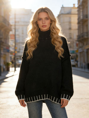 Knit Turtleneck Dropped Shoulder Sweater in White