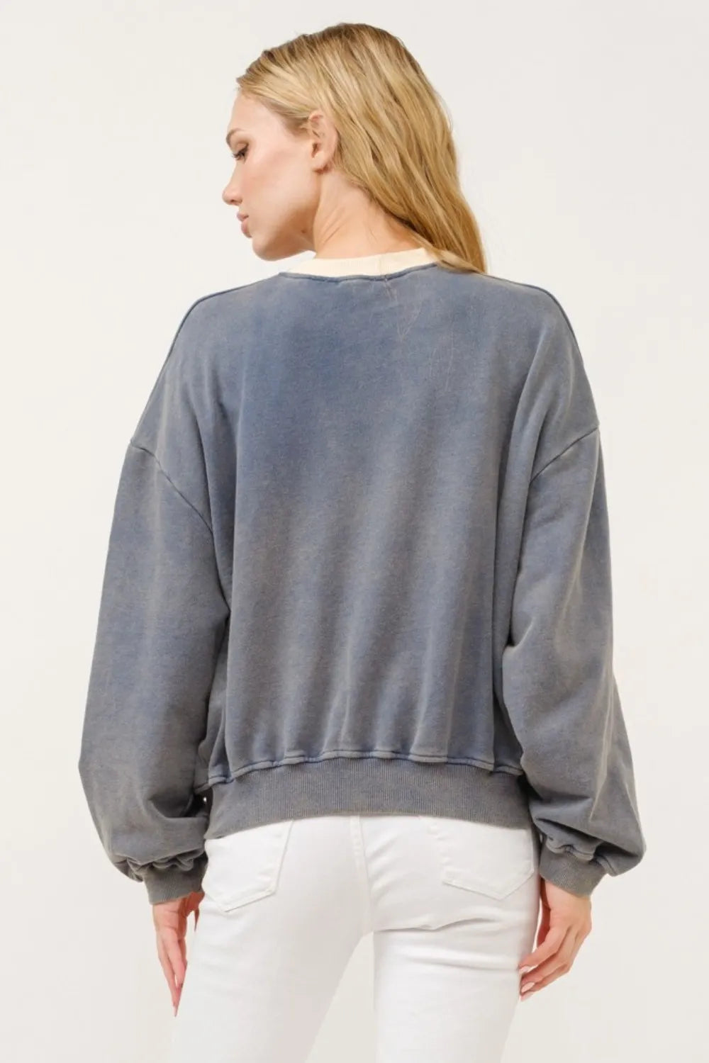 Beverly Hills graphic crop sweatshirt in stone with raw hem detail and relaxed fit.