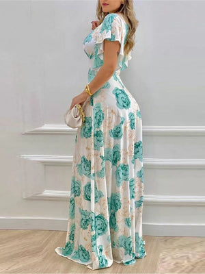 Floral V-neck maxi dress with ruffle sleeves in white with teal and cream floral print.