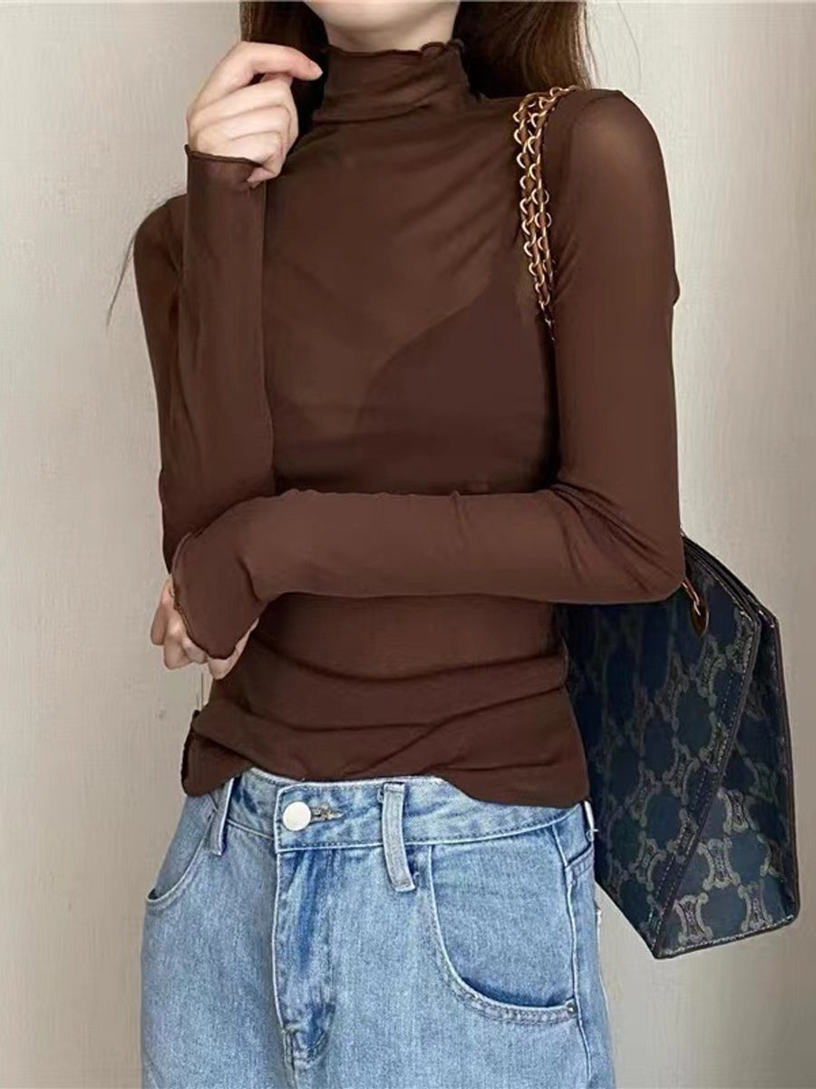 Turtleneck Long Sleeve Slim Fit T-Shirt in Coffee with sheer