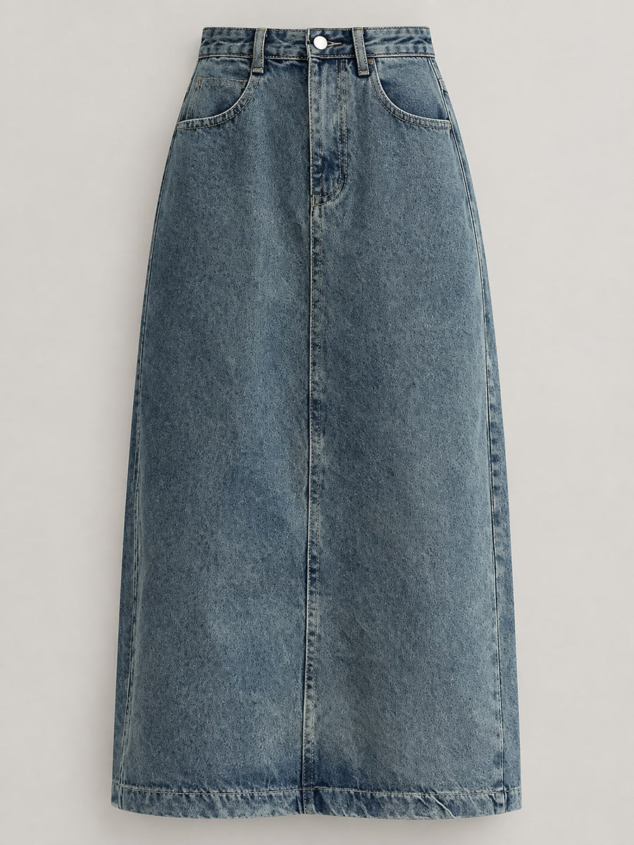 High-Waisted Vintage Wash Midi Denim Skirt Plus Size in Vintage Blue with washed