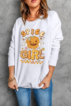 White crewneck sweatshirt with "Spice Girl" graphic featuring a pumpkin and flowers.