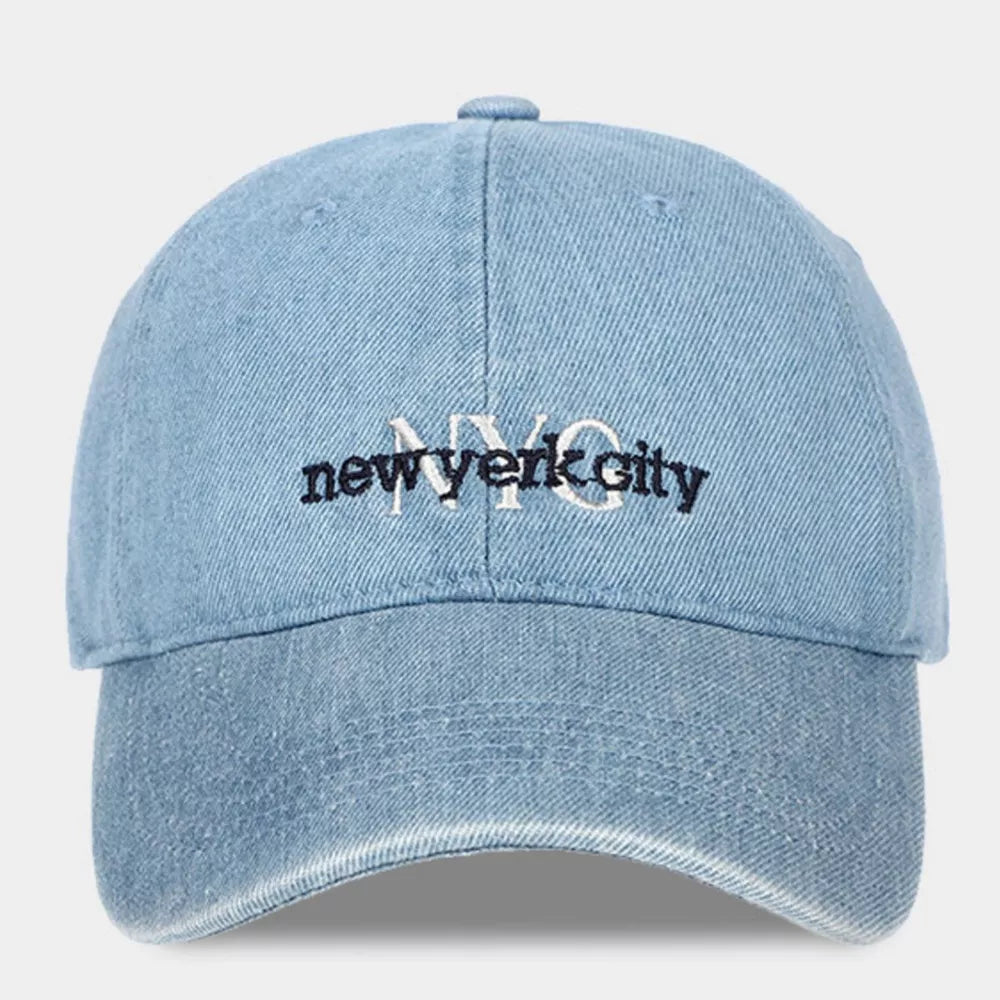 Denim baseball cap with embroidered NYC New York City text