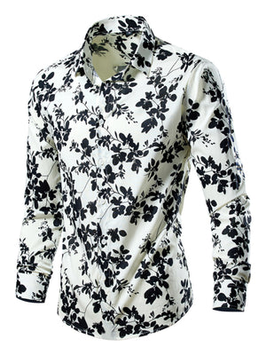 Men's white cotton button-down shirt with black tropical leaf print.