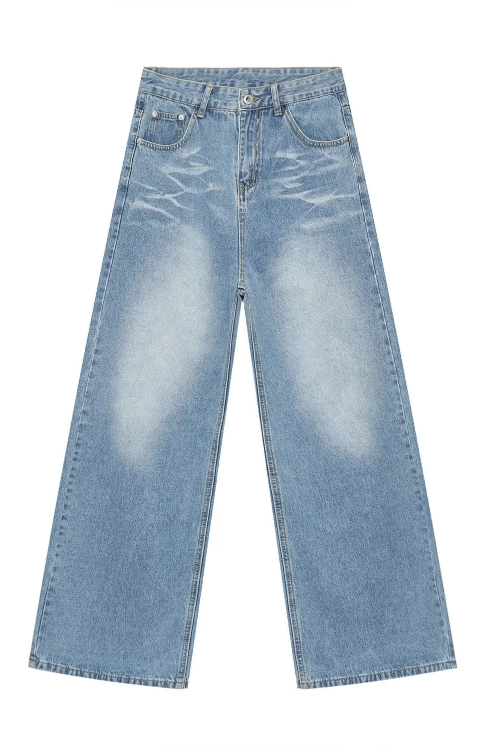 Oversized denim palazzo jeans in medium wash with subtle fading and wide legs.