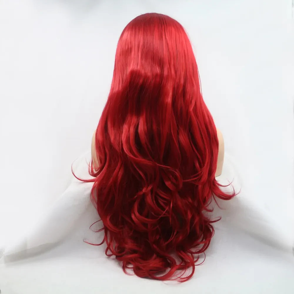 Crimson lace front wig with long, wavy red hair cascading down.