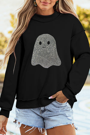 black sweatshirt with graphic-print and mock neck