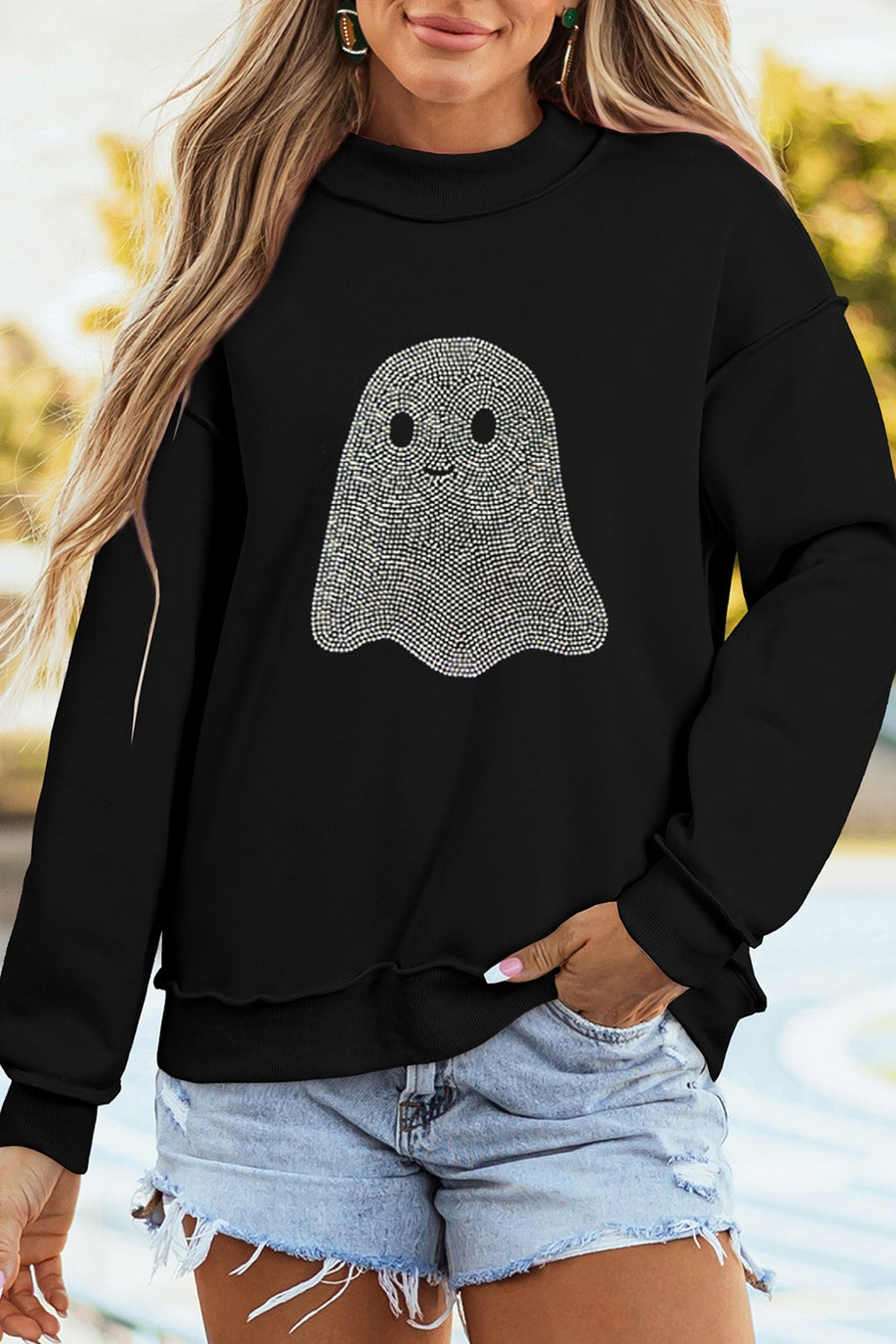 black sweatshirt with graphic-print and mock neck