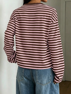 Casual Long-Sleeve Striped Crew Neck T-Shirt Plus Size in black with stretch