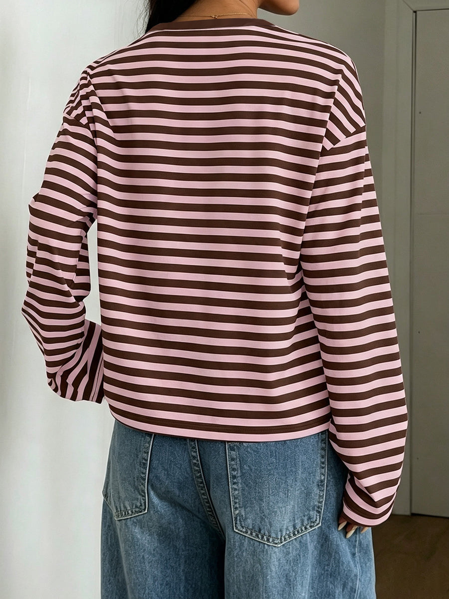 Casual Long-Sleeve Striped Crew Neck T-Shirt Plus Size in black with stretch